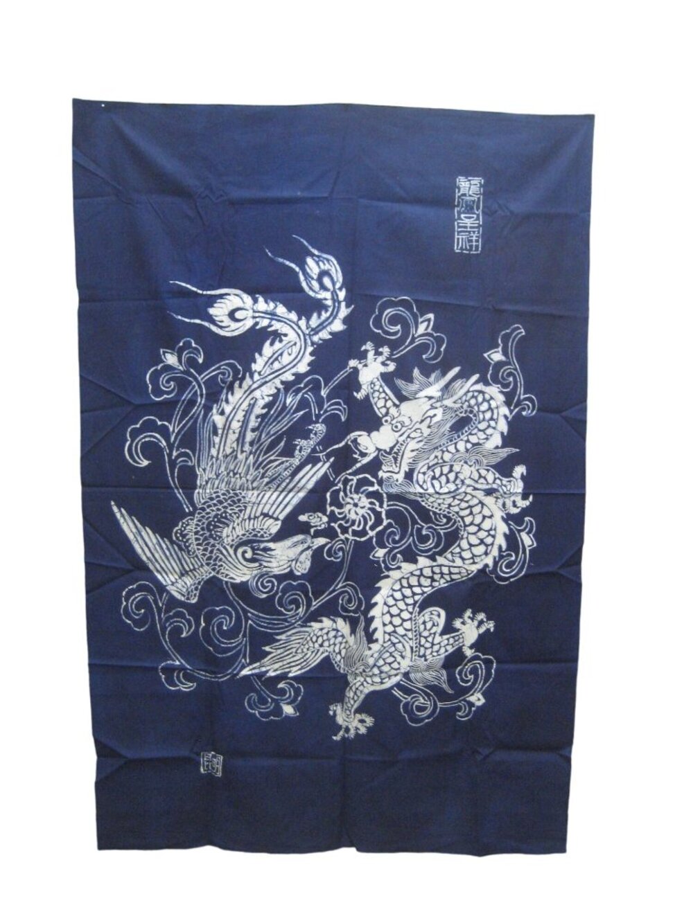Japanese Indigo Fabric Dragon Phoenix Batik Panel 53 x 35 inch Cotton STAIN